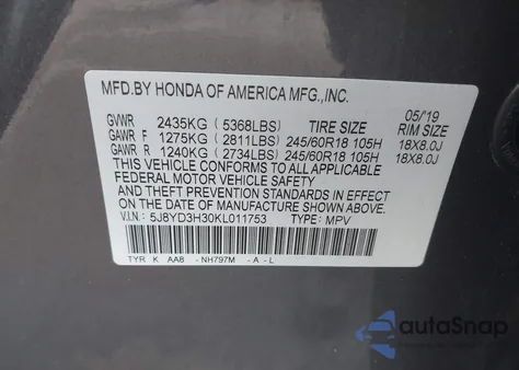 2019 Acura Mdx Standard из США, поврежденный, VIN 5J8YD3H30KL011753